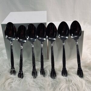 Vintage National Stainless Japan Soup‎ Spoons Floral Scroll Silverware Set of 7